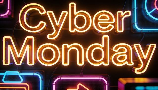 Glowing neon cyber monday sign with magenta arrow and cyan bag for e-commerce promotions