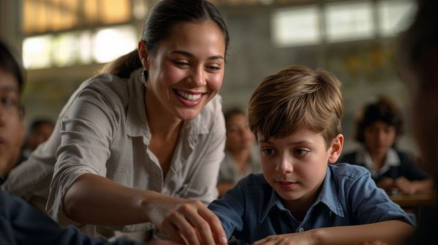 Smiling Teacher Guiding Focused Elementary Student During Hands-On Classroom Activity