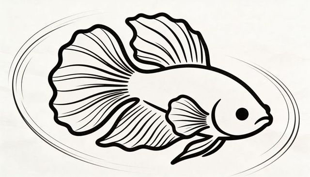 Gliding ornate finned betta fish lineart on paper texture with flowing ink motion lines