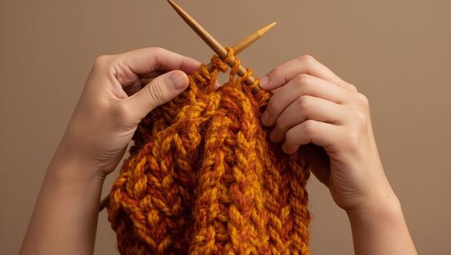 Knitting hands creating chunky orange cable knit scarf with bamboo needles and warm yarn