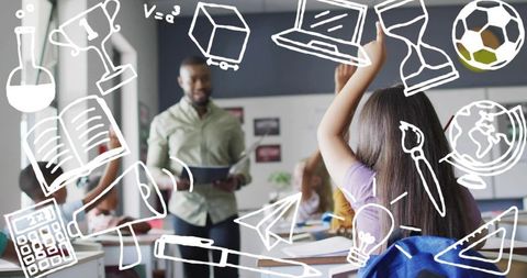 Girl raising hand engaging teacher in classroom with hand-drawn school doodles overlay