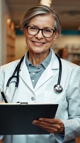 Vertical video of senior doctor greeting camera while reviewing clipboard in clinic
