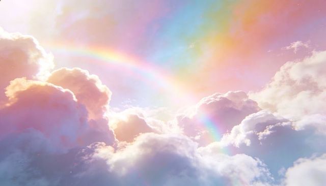Pastel Rainbow Arching Over Ethereal Cumulus Clouds, Sunlit Prismatic Sky