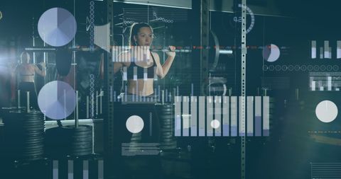 Caucasian Woman Weightlifting with Digital Interface Overlay in Gym