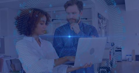 Innovative Team Analyzing Data with Futuristic Interface