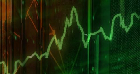 Green neon line chart tracing peaks and dips on digital dashboard for market analytics