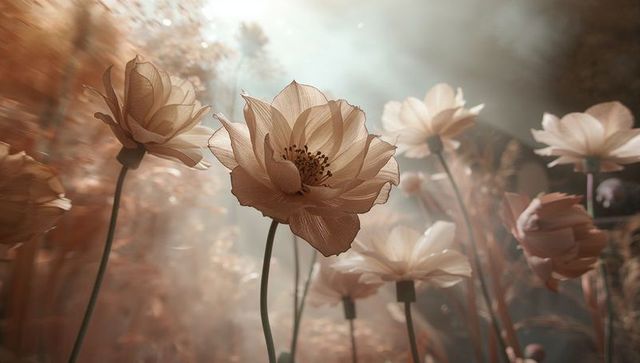 Blooming pale peach flower catching golden sunbeams in dreamy backlit meadow composition