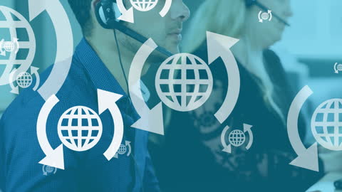 Global Team in Customer Service with Digital Overlay Symbols