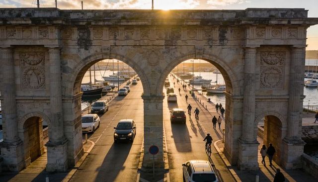 Golden sunset through triple-arched stone gateway over coastal road with cyclists and marina
