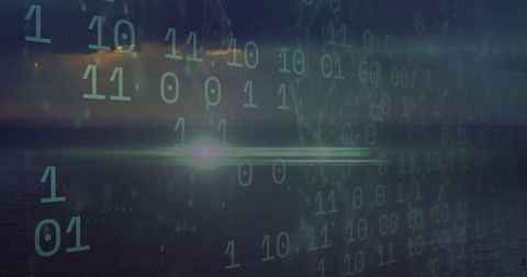 Binary Code Overlaying Serene Seascape During Sunset
