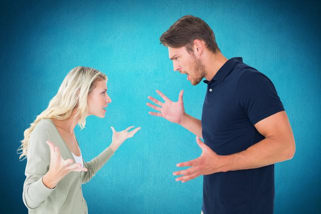Digital composite of Angry couple arguing against blue background
