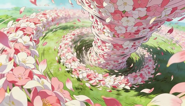 Swirling cherry blossom vortex spiraling through sunlit meadow with scattering pink petals