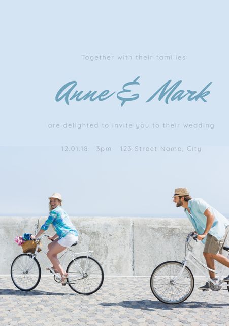 Wedding Invitation with Couple on Bicycles for Outdoor Celebration - Download Free Stock Templates Pikwizard.com