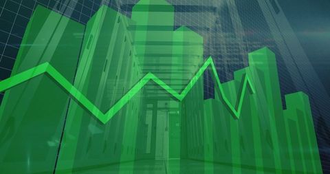 3d green bar chart and zigzag graph in data center aisle