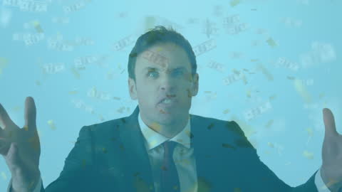 Confident Businessman Surrounded by Flying Banknotes