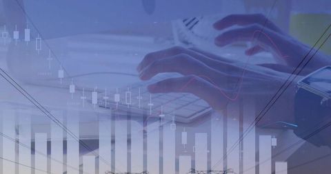 Typing Hands Overlaying Financial Charts and Candlestick Graphs for Trading Analytics