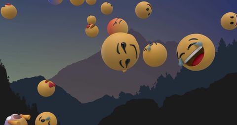 Floating emojis over mystical mountain landscape