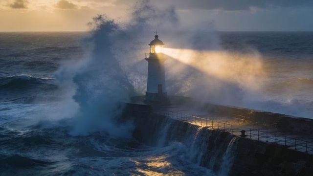 Lighthouse beacon casting golden beam through crashing storm waves on rugged breakwater
