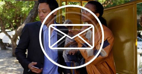 Commuters Checking Smartphones at Bus Stop with Email Overlay