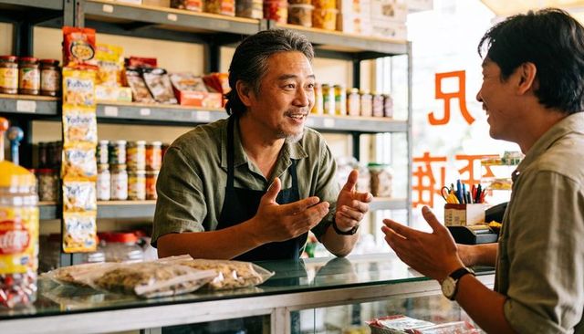 Asian shopkeeper talking with customer behind glass counter at local grocery, smiling