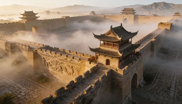 Ancient chinese fortress at dawn with tiered pavilion, dragon relief and misty ramparts