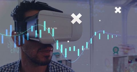 Man Wearing VR Goggles Interacting with Digital Financial Data