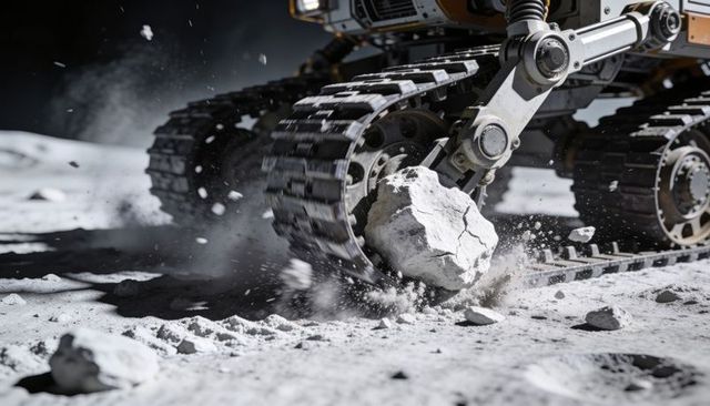 Lunar rover track crushing rock on dusty regolith, crawler suspension throwing debris
