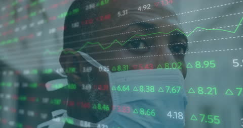 Masked Man Analyzing Dynamic Stock Market Graphics Overlay
