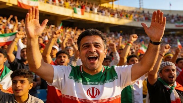 Iranian football fans cheering and raising arms in packed stadium waving national flags