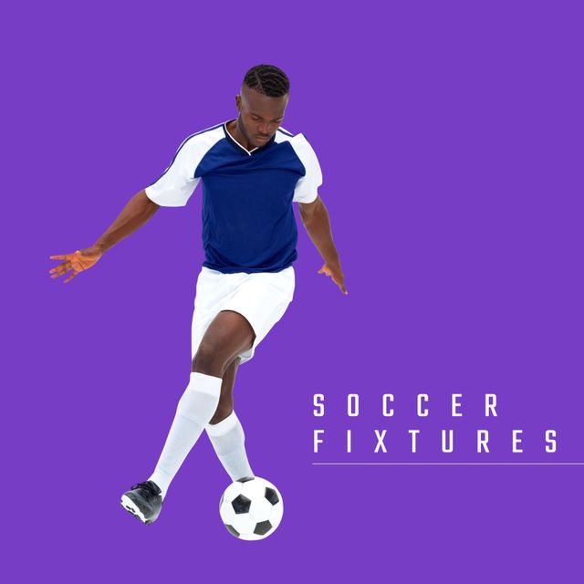 Use this dynamic visual of an African American male football player playing soccer with a ball and Soccer Fixtures text overlay for promotions, sports event posters, fixtures announcements, or football match schedules.
