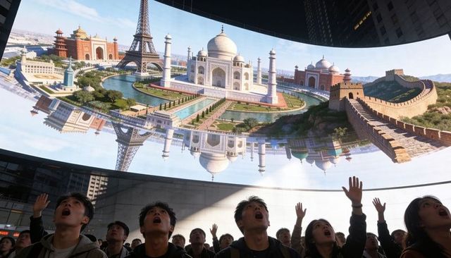 Urban crowd gazing at giant curved led dome showing iconic world landmarks and reflections