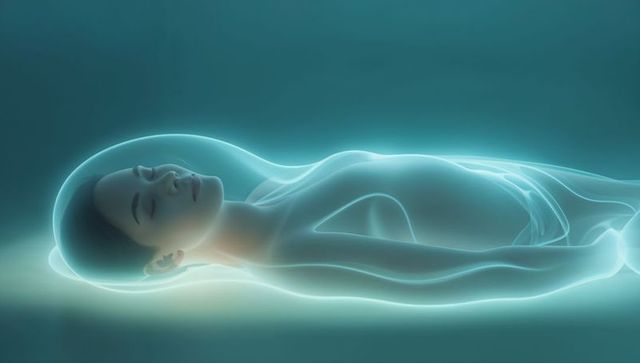 Glowing cyan cocoon enclosing serene reclining woman silhouette radiating soft aura healing