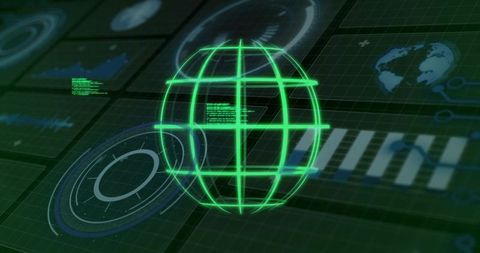 Neon Green Holographic Globe Hovering Over Futuristic Data Interface HUD Panel