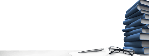 Transparent stack of books with eyeglasses and pen for learning concept