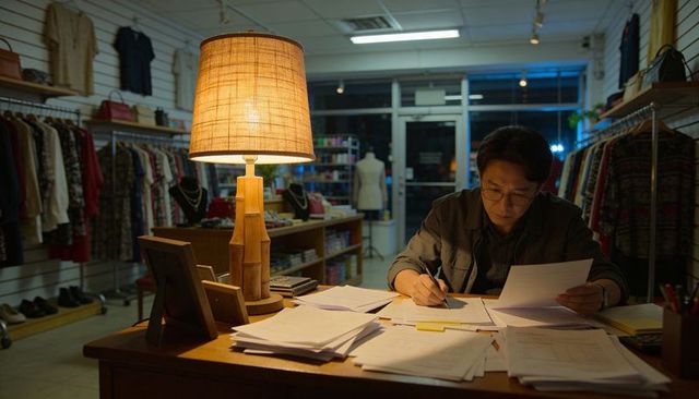 Boutique owner reviewing paperwork at desk under warm lamp light during quiet evening