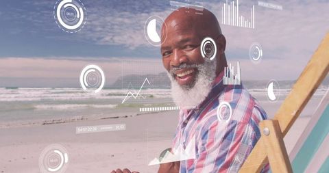 Senior Man Enjoying Beach with Futuristic HUD Graphics