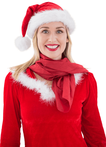 Smiling Woman in Festive Santa Hat with Transparent Background
