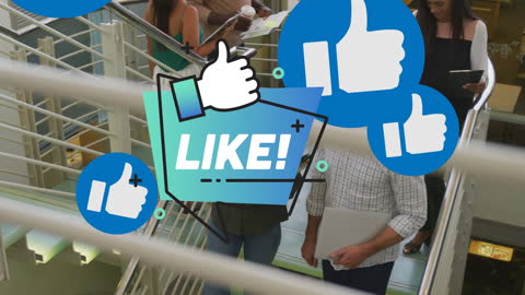 Diverse Team on Stairs with Social Media Icons Overlay