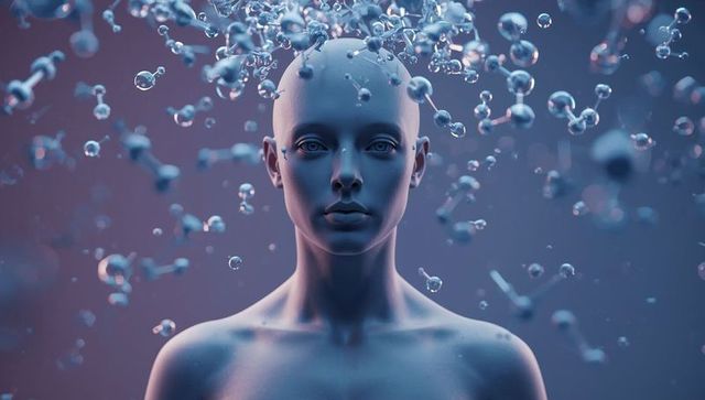 Futuristic humanoid bust with floating molecular models
