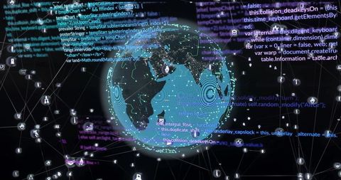 3D Cyber Globe Showing Lit Coastlines, Network Nodes, Padlocks and Data Ripples