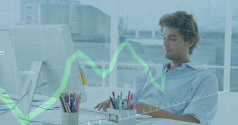 Young man leaning at glass desk resting while analyzing green financial chart overlay