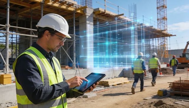 Engineer using tablet displaying holographic blueprint at construction site