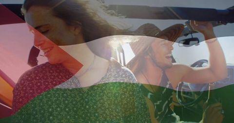 Friends adventuring in dune buggy with tricolor flag overlay