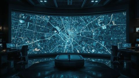 Futuristic Command Center with Panoramic Digital Display