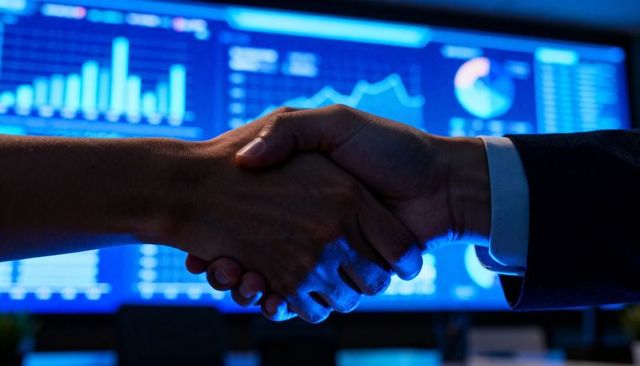 Shaking hands sealing deal in trading room with financial charts and monitors