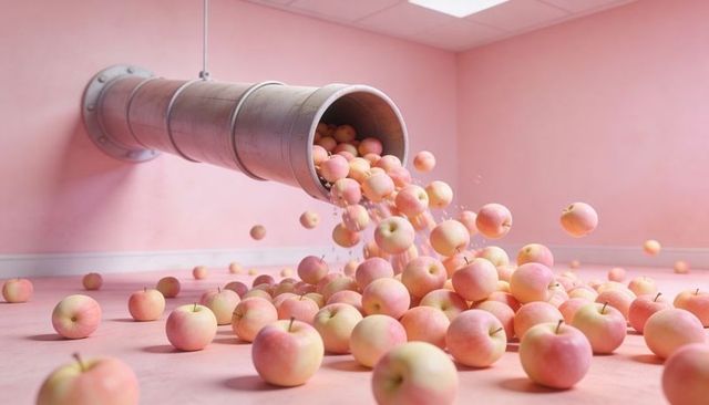 Pastel pink apples pouring from metal chute cascading across soft pink interior