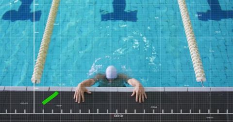 Gripping swimmer holding pool edge in center lane with digital measurement overlay