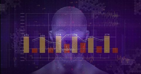 Glowing purple-blue ai avatar with futuristic biometric dashboard and gold-red charts