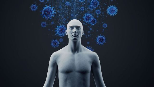 Futuristic Humanoid with Floating Virus Particles Concept