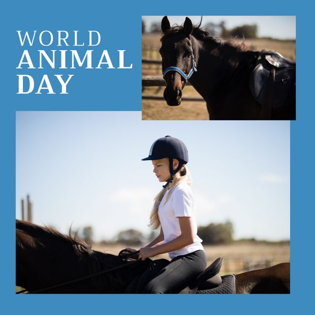 World Animal Day Celebration with Girl Riding Horse Outdoors - Download Free Stock Templates Pikwizard.com